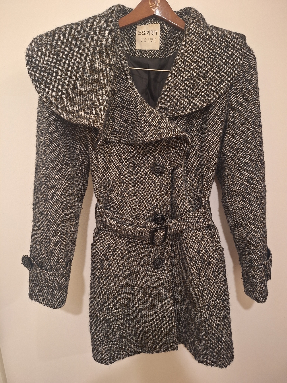 Esprit Women's Black & White Tweed Belted Coat